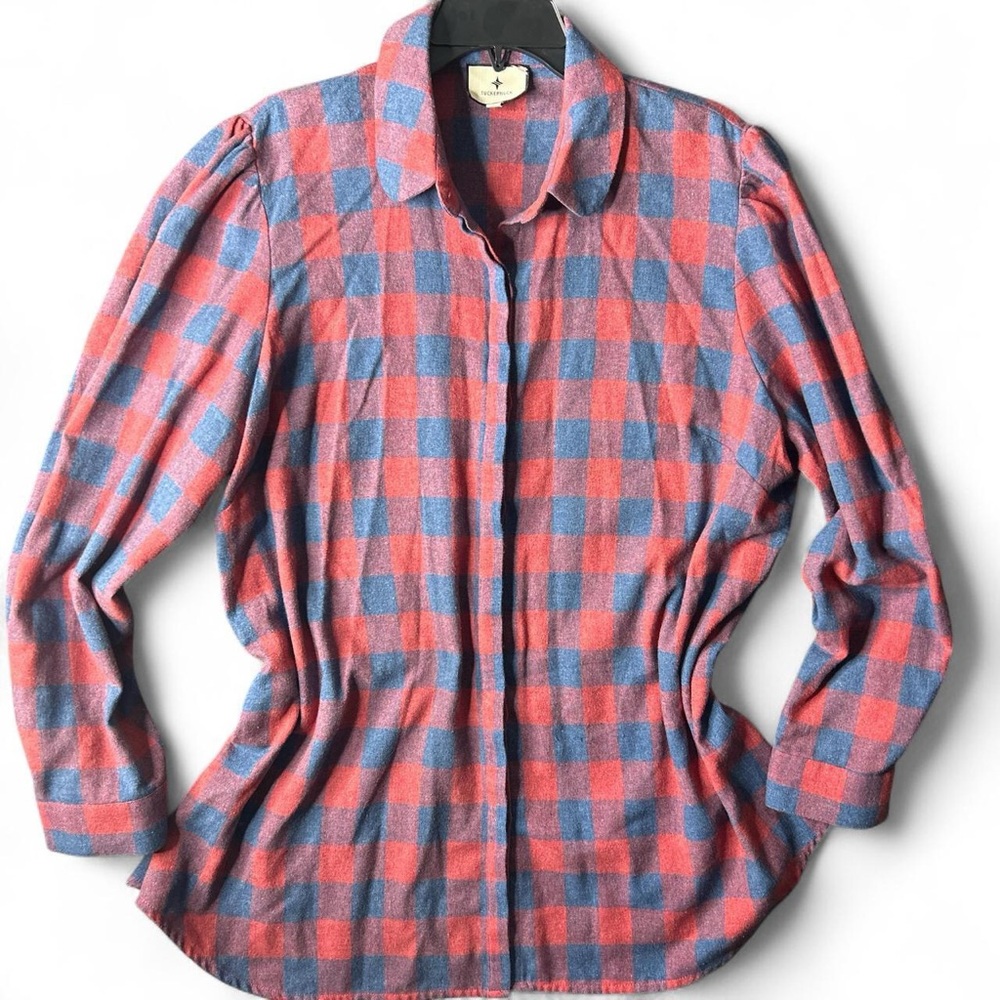 Tuckernuck Saranac Red Blue Buffalo Plaid Cotton Puff Shoulder Shirt Size XXXL